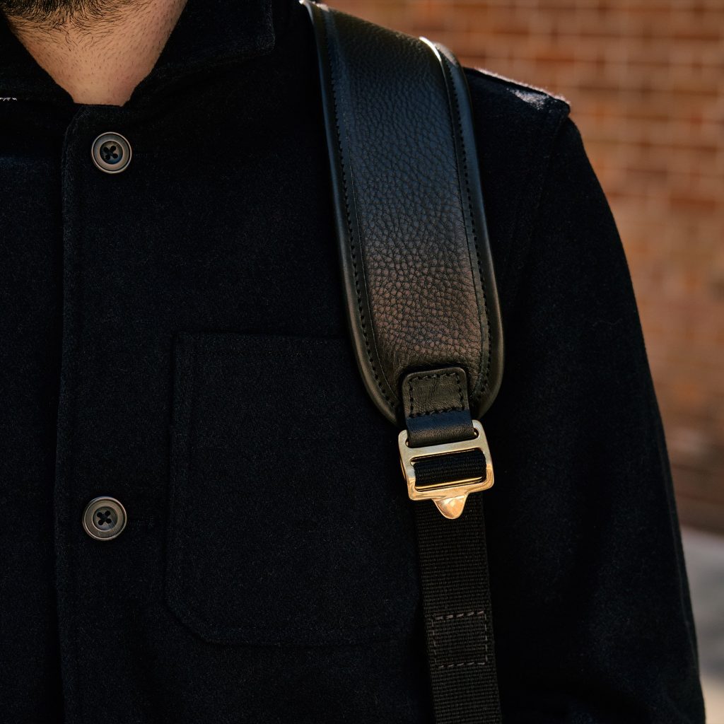 Bennet Winch black leather backpack strap detail